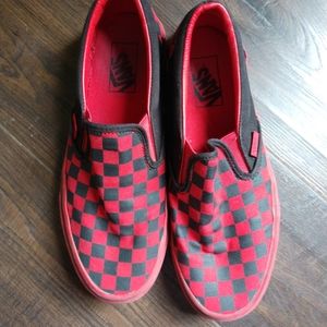 Black and Red checkerboard slip on vans